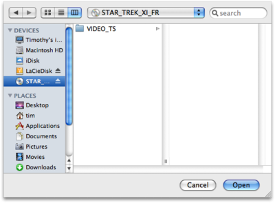 HandBrake's source selection dialog under Mac OS X